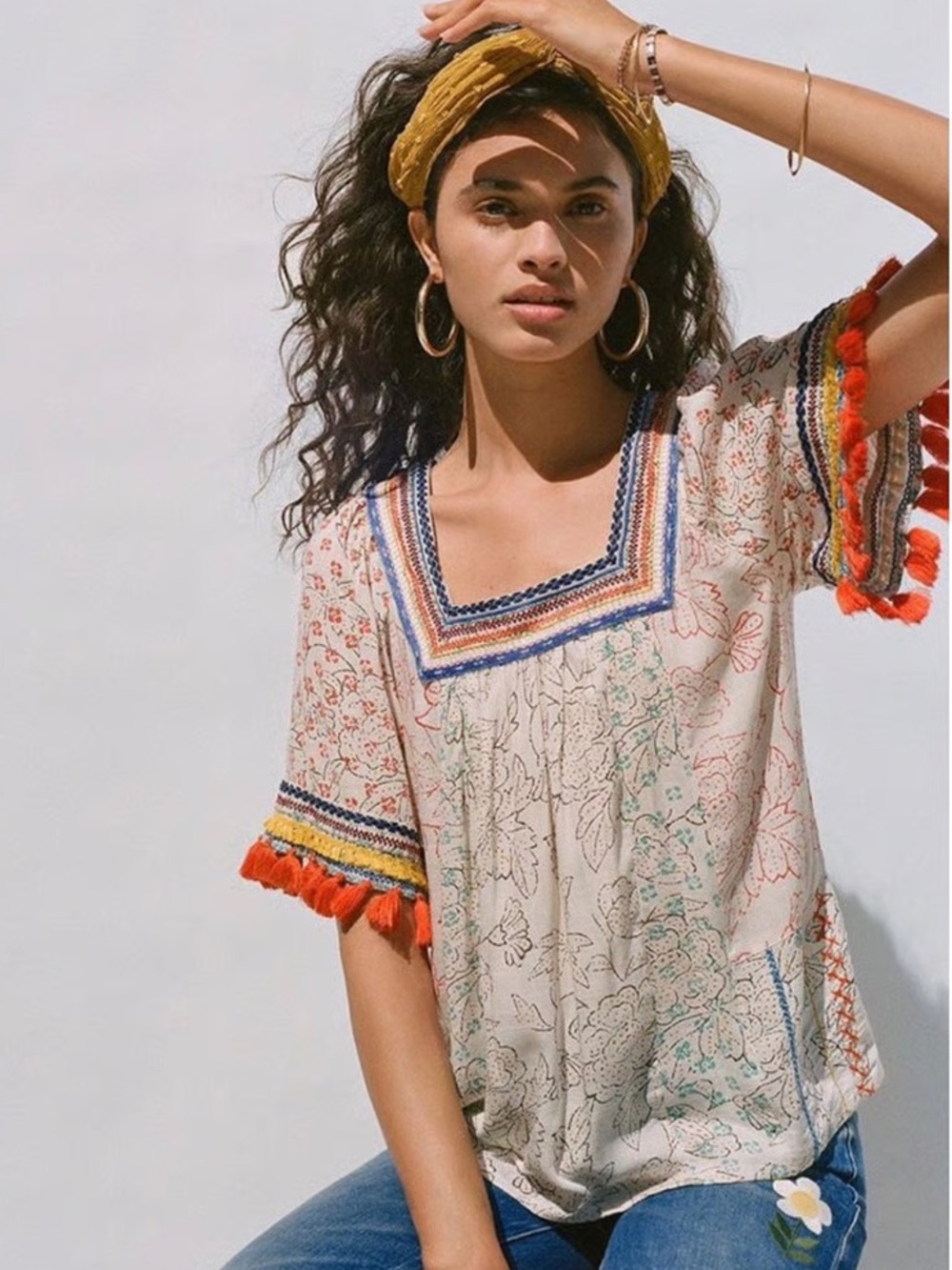 🌼 Maeve by Anthropologie Paolina Tassel Blouse Medium Boho Peasant Top